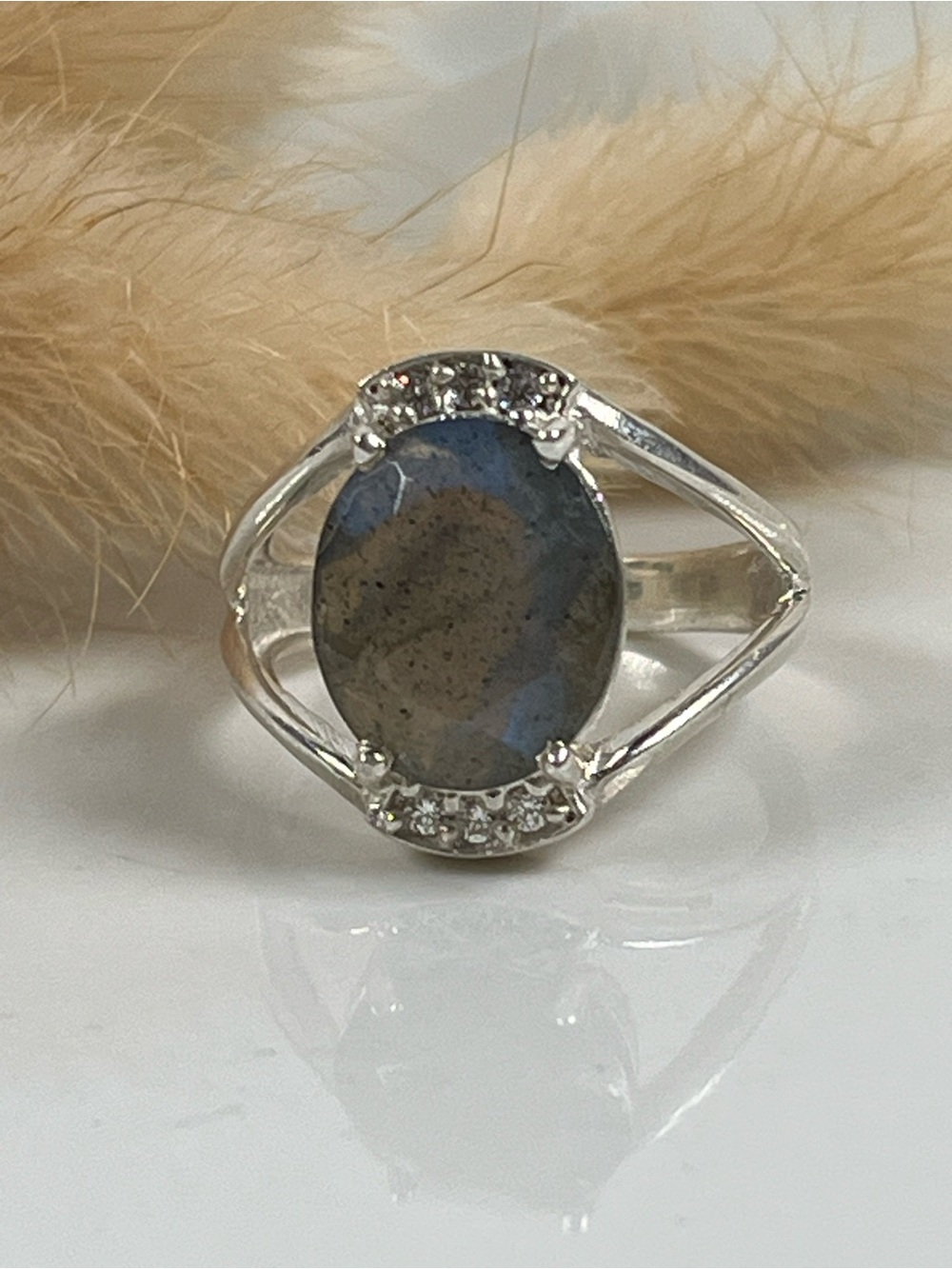 Solid 925 Sterling Silver Labradorite Gemstone Cubic Zirconia Ring Size 6.75